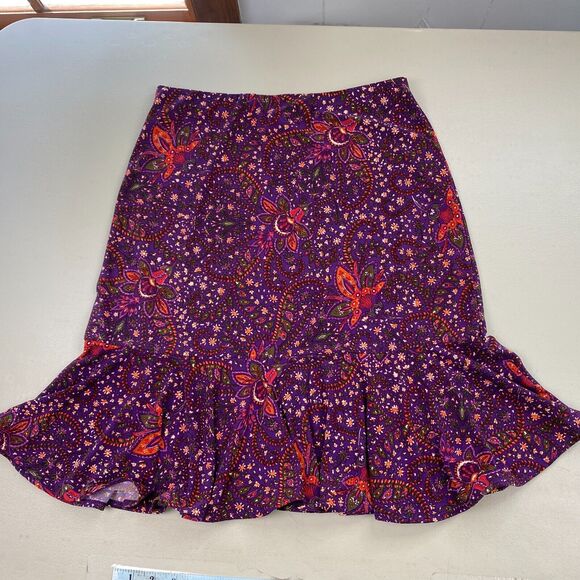 Vintage Y2K Chaps Skirt Womens Extra Small Floral Ruffle Slinky Knit 90s Purple - Picture 2 of 10